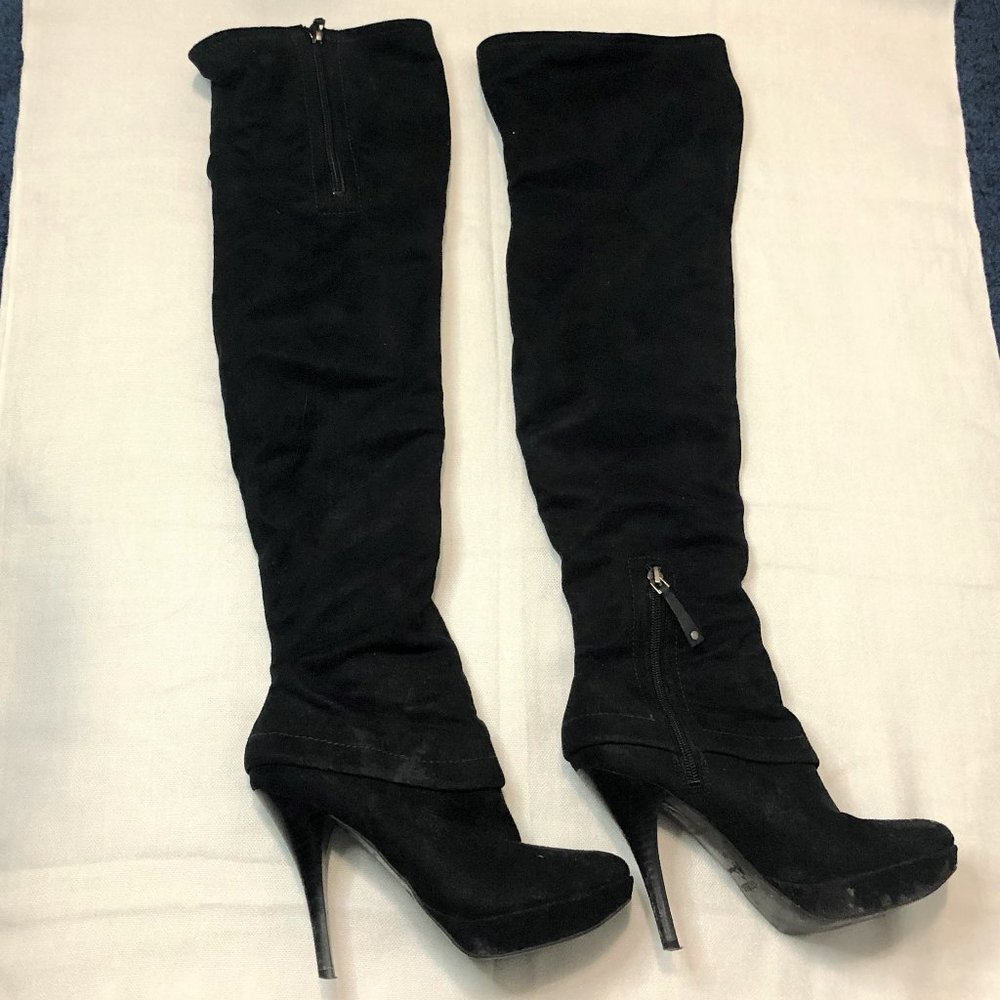 MARCIANO Black Suede Knee High Stiletto Boots
